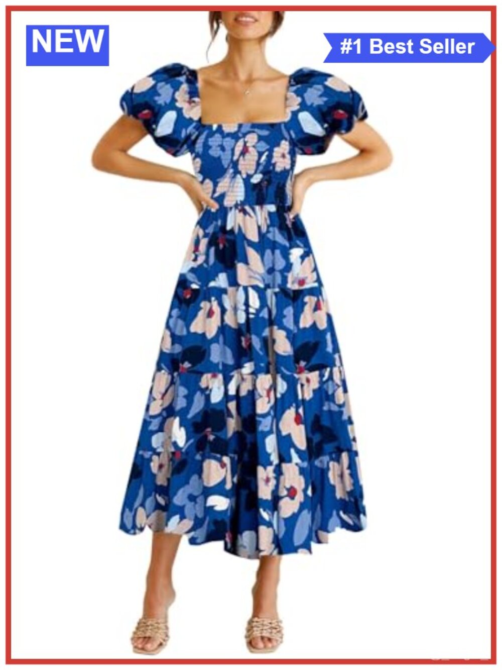 Smocked Maxi Dress Square Neck Ruffle Hem Puffy Short Sleeve Flowy Midi Dress